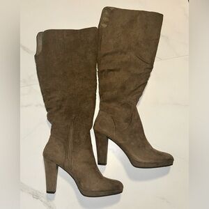 Olive/Brown Faux Suede Knee High Heeled Boots